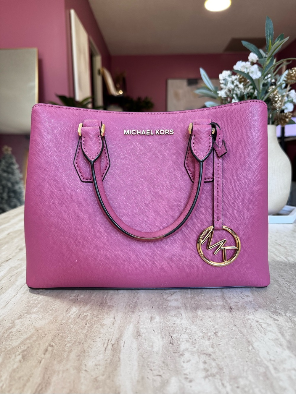 Michael Kors Pink Saffiano Satchel with Gold Hardware